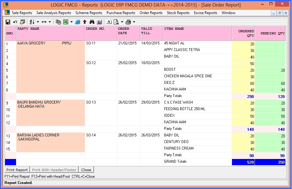 fmcg pending sale order report